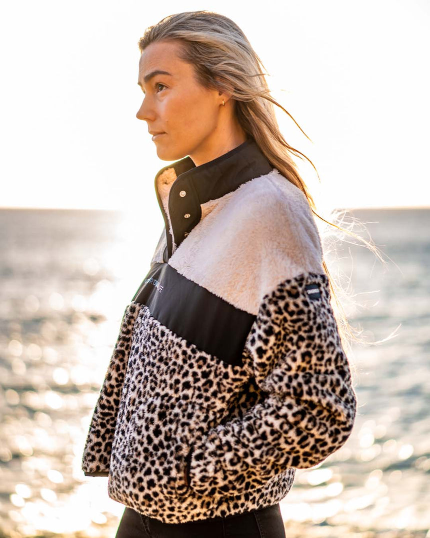 Womens Sherpa Half Zip Fleece | Leopard